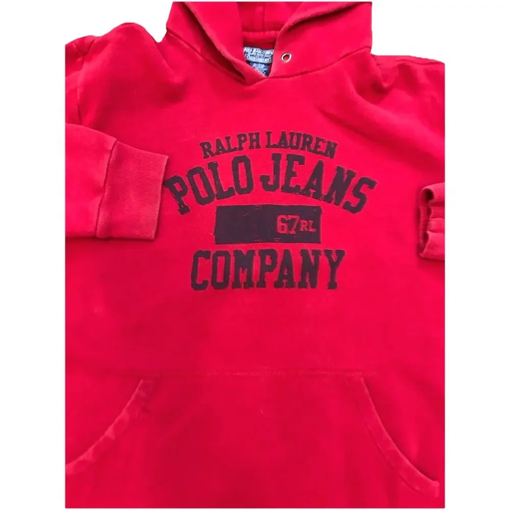 VTG RARE Polo Ralph Lauren Hoodie Sweatshirt Oversize Red DEADSTOCK 90s Label XL